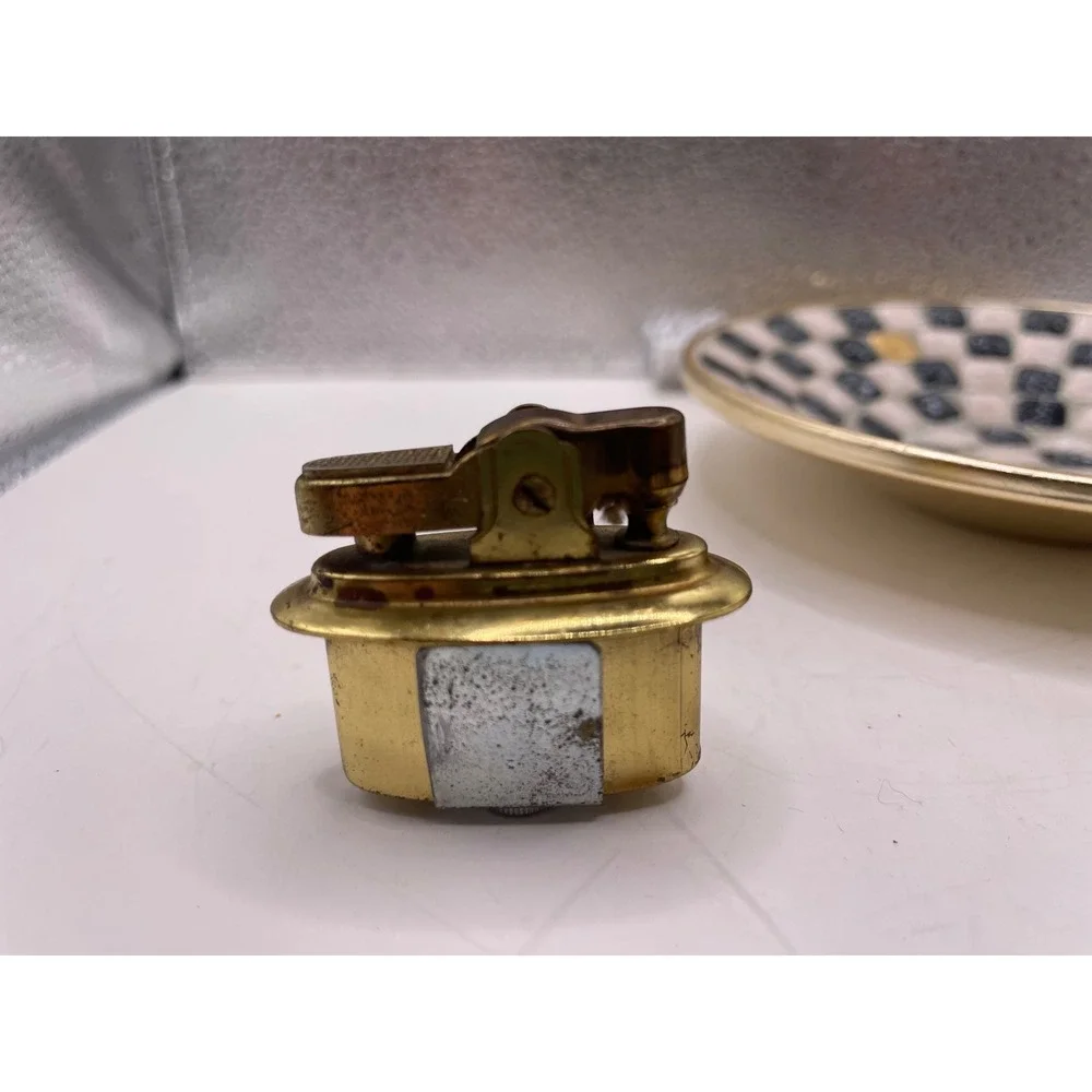 Vtg Mid Century Penguin Japan Mosaic Lighter and Ashtray Set Black‎ White Gold